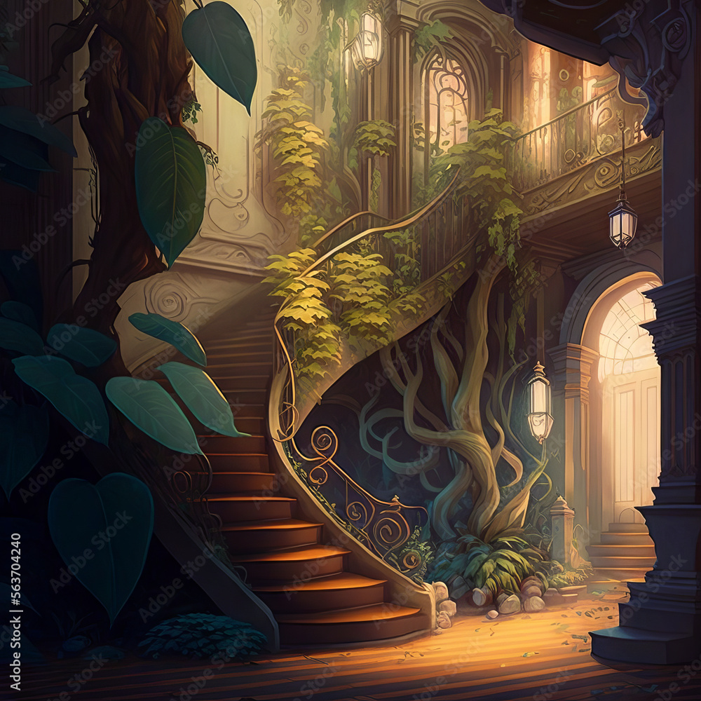 Art Nouveau style room with a large stairway. Made with Generative AI ...