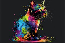  A Cat With A Colorful Design On It's Face And A Black Background With A Black Background And A Black Background With A Black Background With A White Cat And A Colorful Design Of. Generative AI