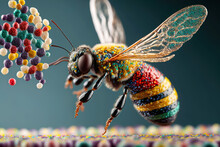 Multicolored Bee Feeding On Colored Candies. Evolution Of Bees. Image Created By AI.