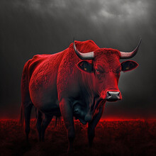 Bull Is A Large Horned Animal Of Red Color Against The Background Of A Stormy Cloudy Gray Sky