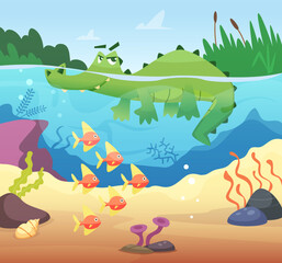 Wall Mural - Swiming alligator. underwater life with wild aggresive animal reptile. Vector background