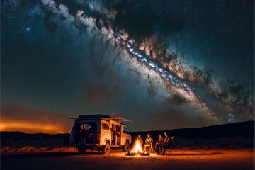 shot of a family sitting at a bonfire under the milky way with a camping truck generative ai