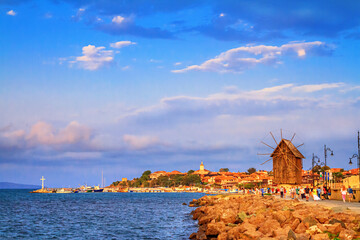 Seaside landscape - view of the Old Town of Nessebar in the rays of the sun, on the Black Sea coast of Bulgaria