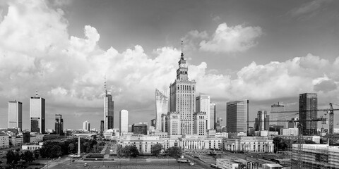 Wall Mural - Cityscape, black and white image - view of the business center of Warsaw with skyscrapers and the Palace of Culture and Science. Poland