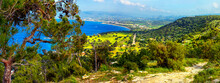 Mediterranean Landscape, Panorama, Banner - Top View From The Mountain Range On The Akamas Peninsula Near The Town Of Polis, The Island Of Cyprus, Republic Of Cyprus
