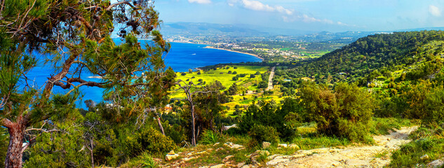 Wall Mural - Mediterranean landscape, panorama, banner - top view from the mountain range on the Akamas Peninsula near the town of Polis, the island of Cyprus, Republic of Cyprus