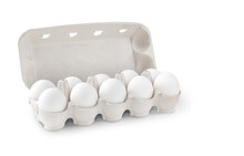 Cardboard Container With Ten Eggs On White Background With Shadow