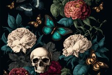 Vintage Floral Seamless Background With Skulls, Peonies, Butterflies. Dark Botanical Background. Repeating Pattern Generative AI