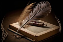  A Feather Quill Resting On A Book With A Quill Pen On Top Of It, Resting On A Feather Quill On A Book With A String On A Table Top Of A. , AI