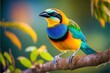 © Oleg - a colorful bird perched on a branch of a tree with leaves in the background and a blurry background behind it, with a blurry background of leaves and a green, with a. , AI Generative AI