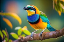 A Colorful Bird Perched On A Branch Of A Tree With Leaves In The Background And A Blurry Background Behind It, With A Blurry Background Of Leaves And A Green, With A. , AI