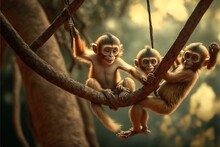  Three Monkeys Hanging From A Tree Branch In A Forest With A Baby Monkey In The Foreground And A Larger Monkey In The Background, With A Third Monkey In The Foreground, And. , AI