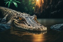  A Large Alligator Is Floating In The Water With Its Mouth Open And It's Eyes Open And It's Head Slightly Open, With A Green Plant In The Background, And A Pond. , AI