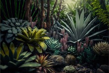  A Painting Of A Tropical Garden With Plants And Rocks And Rocks And Plants And Rocks And Plants And Rocks And Plants And Plants And Rocks And Rocks And Plants And Plants And Plants And Foliage. , AI