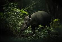  A Hippo In The Jungle Eating Leaves From A Tree Branch And Walking Away From The Camera With A Dark Background Of Green Foliage And Foliage And A Dark Light Shining On The Ground,. , AI