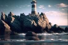  A Lighthouse On A Rocky Shore With Waves Crashing In Front Of It And A Bird Flying Over It, With A Blue Sky And White Cloud Filled With White Clouds Above The Water And A. , AI