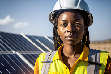 African American woman engineer in front of solar panels, copyspace. Generative AI