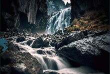  A Waterfall Is Flowing Into A Cave With Rocks And A Mountain In The Background With A Blue Frame Around It And A Blue Arrow Pointing Upward To The Right Side Of The Cave With A. , AI