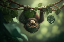  A Monkey Hanging Upside Down On A Rope In The Jungle With Leaves On It's Back And A Green Leafy Background Behind It, With A Green Leafy, Green, Leafy,. , AI