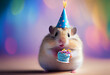 Portrait von einem Hamster mit Partyhut und Geburtstagstorte am Geburtstag feiern vor pastellfarbenen Hintergrund - Generative Ai