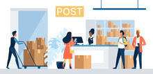 Delivery to post office, postal service vector illustration. Cartoon woman standing at reception desk to receive, send or return order parcel or letter, worker pushing cart with boxes to warehouse