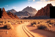  A Dirt Road In The Desert With Mountains In The Background And A Sky With Clouds In The Distance With A Few Clouds In The Sky Above The Picture And A Few Clouds In The Sky. , AI