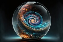  A Glass Ball With A Spiral Design Inside Of It On A Table Top With A Black Background And A Blue Background With A Light Blue And Orange Swirl In The Center Of The Center Of The. Generative AI
