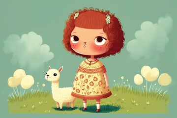 Wall Mural - Cute little Girl with her Baby Llama Alpaca