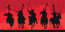 Samurai Japanese Warriors In Charge.  Medieval Japan - Cavalry Attacking. Silhouettes Of Soldiers - Vector Isolated. Illustration