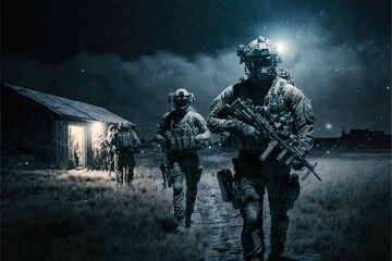 night warehouse attack by Special Forces Military Unit in Full Tactical Gear in the desert, generative ai