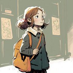 Wall Mural - retro girl go to school using ai