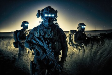 Wall Mural - night warehouse attack by Special Forces Military Unit in Full Tactical Gear in the desert, generative ai