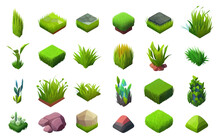Set Of Grass Samples Isometric Icons On White Background.
Herbal Top. Green Earth, Eco-gardens, Stones, Plants. Eco Concept Pieces Of Grass And Bushes. A Natural Stone. Vector Illustration