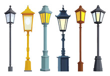 A Beautiful Set Of Lighting Fixtures For Outdoor Urban Lighting In Flat Style. Isolated Vintage Style With Various Shapes And Types Of Street Lamps. Vector Illustration