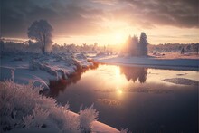  A River With A Snow Covered Bank And Trees In The Background At Sunset Or Dawn With The Sun Shining Through The Clouds And Reflecting In The Water, With Snow, And Snow, And.