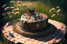  A Cake With Butterflies On Top Of It On A Table With Flowers And Grass In The Background And A Checkered Cloth On The Table Cloth With A Cake On It, With A Butterfly. Generative AI