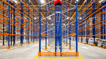 Fototapete - Business distribution and warehouse technology concept background, huge distribution new empty warehouse with high shelves, Interior of a modern warehouse storage of retail shop.