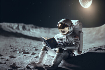 Astronaut reading a book on an alien planet, travel and lifestyle concept of astronauts on another planet, self development idea, art generated by ai