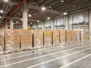 Fototapete - Business distribution and warehouse technology concept background,  Interior of a modern warehouse storage of retail shop. Row of packed boxes ready to ship to the customer