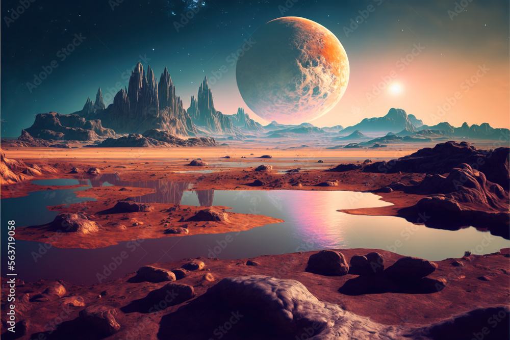 Extraterrestrial landscape, scenery of alien planet in deep space ...