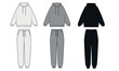 © Iryna - Outline vector set of drawings of fashionable tracksuits in white, gray and black colors. Vector sketch of hoodie and sweatpants, joggers with pockets. Set of technical drawing pajamas, vector.