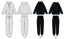 Set Of Clothes For People. Vector Outline Drawing Of A Hoodie And Sweatpants. Tracksuit Template Front And Back View. Sketch Of Hoodie And Joggers On White Background, Vector.