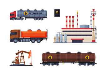 Wall Mural - Oil and Petrol Industry with Derrick, Cargo Transport and Plant Vector Set