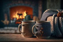 Two Mugs For Tea Or Coffee, Woolen Things Near Cozy Fireplace, In Country House, Winter Vacation