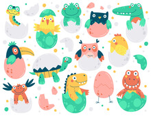 Cute Chicks And Reptile Hatched From An Egg Flat Icons Set.