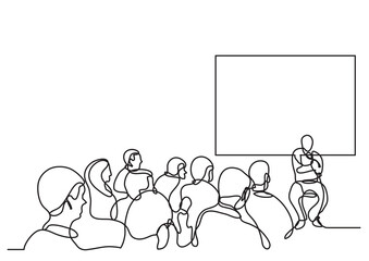 Wall Mural - continuous line drawing vector illustration with FULLY EDITABLE STROKE of attendees and presenter