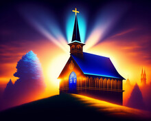 The Church Is Depicted Against The Backdrop Of An Evening Sunset In Blue, Yellow, And Purple Hues With A Glow, Next To A Tree In This Religious Themed Raster Illustration.