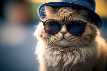 Cute furry cat with sunglasses and blue hat created with Generative AI Technology