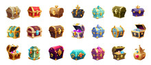 Fairytale Set Of Cartoon Colorful Treasure Chest Empty, Closed And Open With Gems And Filled With Golden Coins Or Crystals. Trophy Chests, A Reward For A Game Level. Pirate Loot, Fantasy Assets.Vector