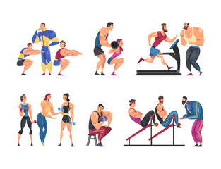 Canvas Print - Muscled Man and Woman Sportsman Training in Gym Doing Physical Workout with Their Personal Trainer Vector Set